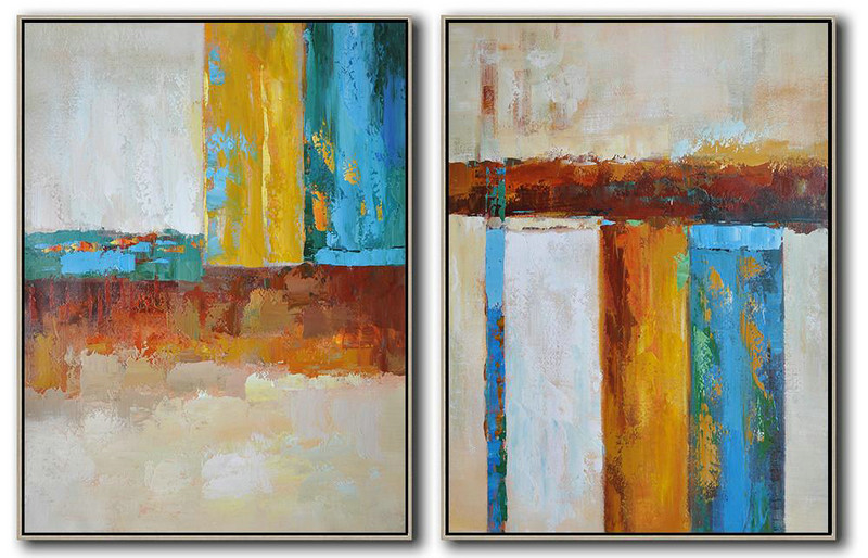 Set Of 2 Contemporary Art On Canvas,Original Art Acrylic Painting,Grey,Yellow,Blue,Dark Red,Brown